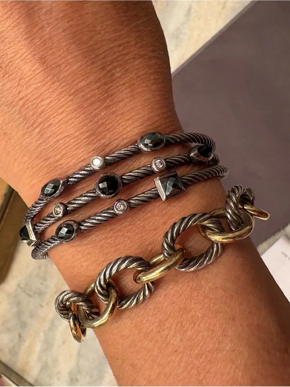 David Yurman Sterling Silver 3-Row Hematite, Onyx and Diamond Confetti  Bracelet